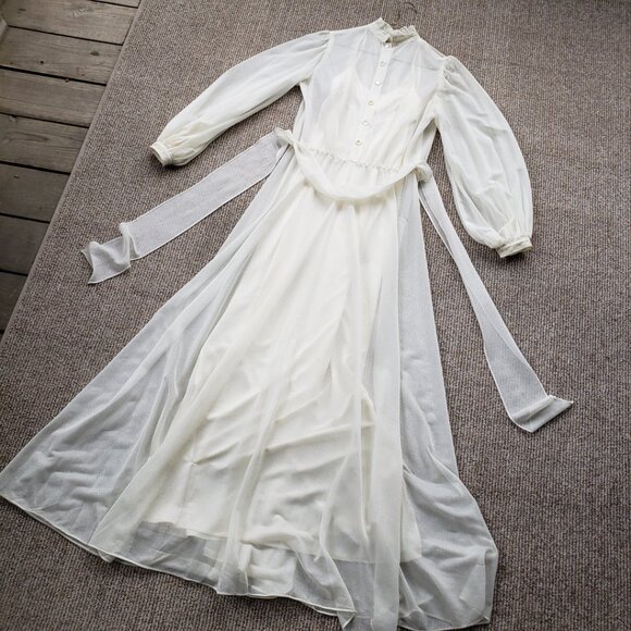 VINTAGE 70s Wedding / Tea / Bohemian Prairie Dress Small - Picture 3 of 8